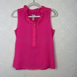 J Crew 100% Silk Hot Pink Neon Barbie Ruffle Sleeveless Blouse Button Up career